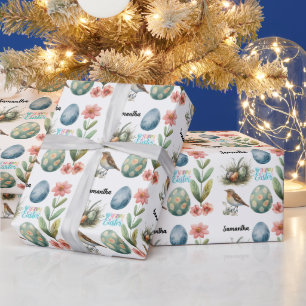 Cute Whimsical Happy Easter Eggs Customized Name  Wrapping Paper