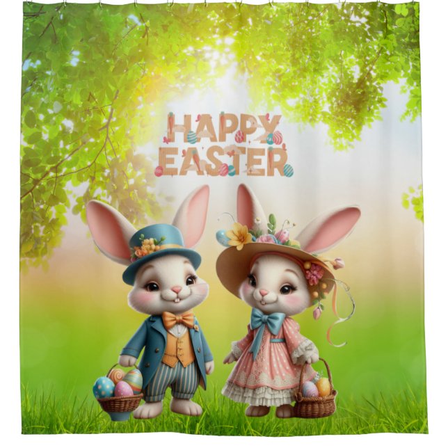 Cute, Whimsical Happy Easter with 2 rabbits (Front)