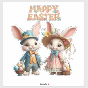 Cute, Whimsical Happy Easter with 2 rabbits