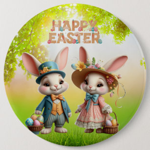 Cute, Whimsical Happy Easter with 2 rabbits 6 Inch Round Button