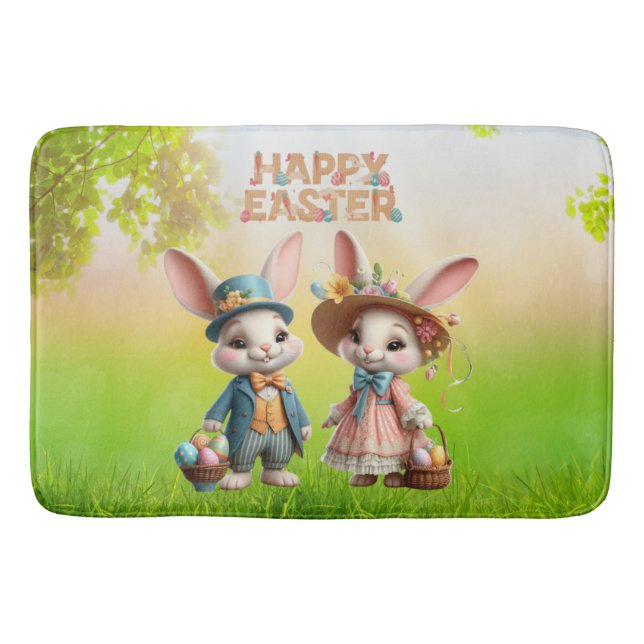 Cute, Whimsical Happy Easter with 2 rabbits Bath Mat (Front)