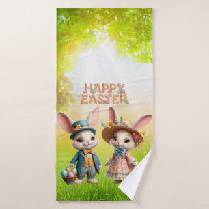 Cute, Whimsical Happy Easter with 2 rabbits Bath Towel