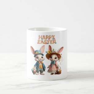 Cute, Whimsical Happy Easter with 2 rabbits Coffee Mug