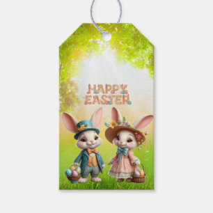 Cute, Whimsical Happy Easter with 2 rabbits Gift Tags