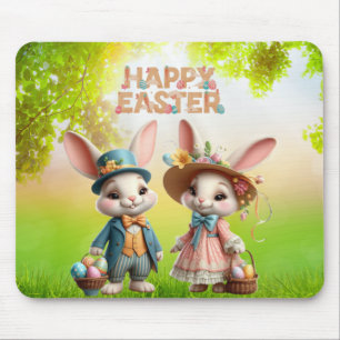 Cute, Whimsical Happy Easter with 2 rabbits Mouse Pad