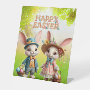 Cute, Whimsical Happy Easter with 2 rabbits Pedestal Sign