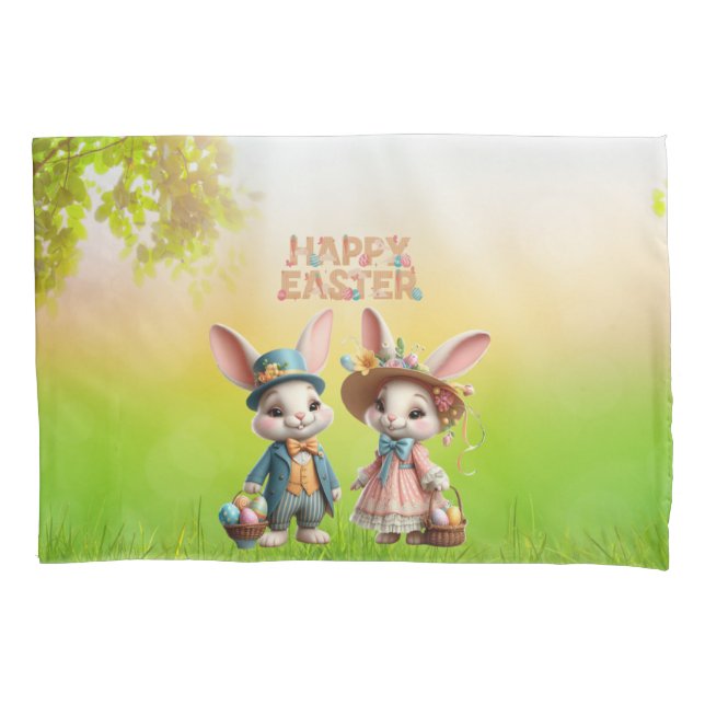Cute, Whimsical Happy Easter with 2 rabbits Pillowcase (Front)