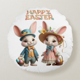 Cute, Whimsical Happy Easter with 2 rabbits Round Pillow