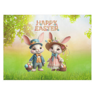 Cute, Whimsical Happy Easter with 2 rabbits Tablecloth