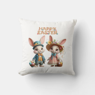 Cute, Whimsical Happy Easter with 2 rabbits Throw Pillow