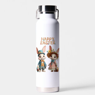 Cute, Whimsical Happy Easter with 2 rabbits Water Bottle