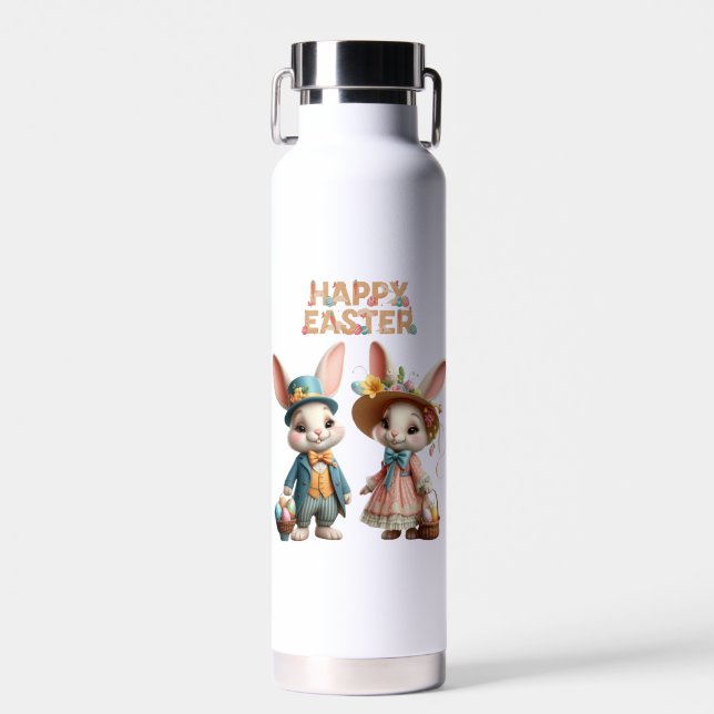 Cute, Whimsical Happy Easter with 2 rabbits Water Bottle (Front)