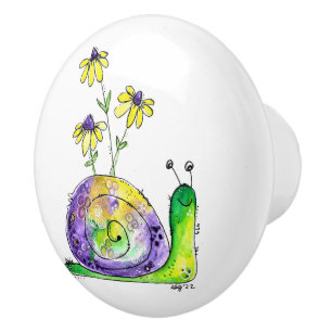 Cute Whimsical Happy Snail with Yellow Flowers Ceramic Knob
