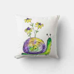 Cute Whimsical Happy Snail with Yellow Flowers Throw Pillow