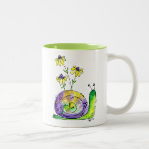 Cute Whimsical Happy Snail with Yellow Flowers Two Two-Tone Coffee Mug
