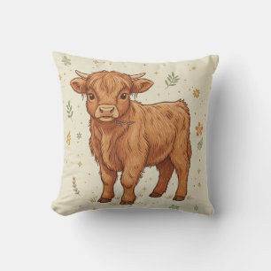 Cute Whimsical Highland Cow Calf Throw Pillow