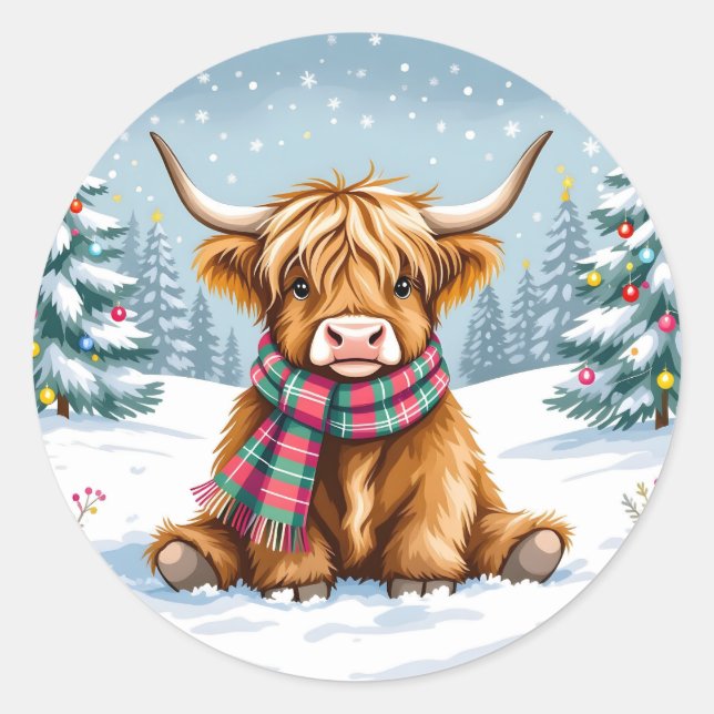 Cute Whimsical Highland Cow Christmas Classic Round Sticker (Front)