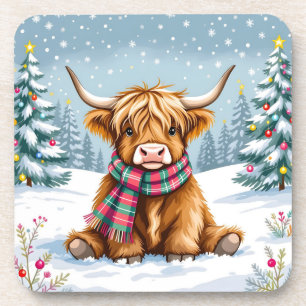 Cute Whimsical Highland Cow Christmas Coaster