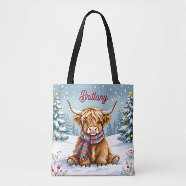 Cute Whimsical Highland Cow Christmas Personalized Tote Bag (Front)