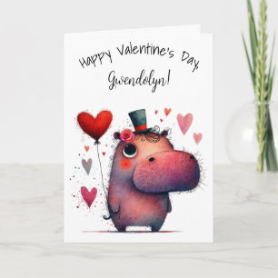 Cute Whimsical Hippo Happy Valentine's Day Card