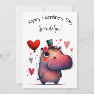 Cute Whimsical Hippo Valentine's Day Flat Card