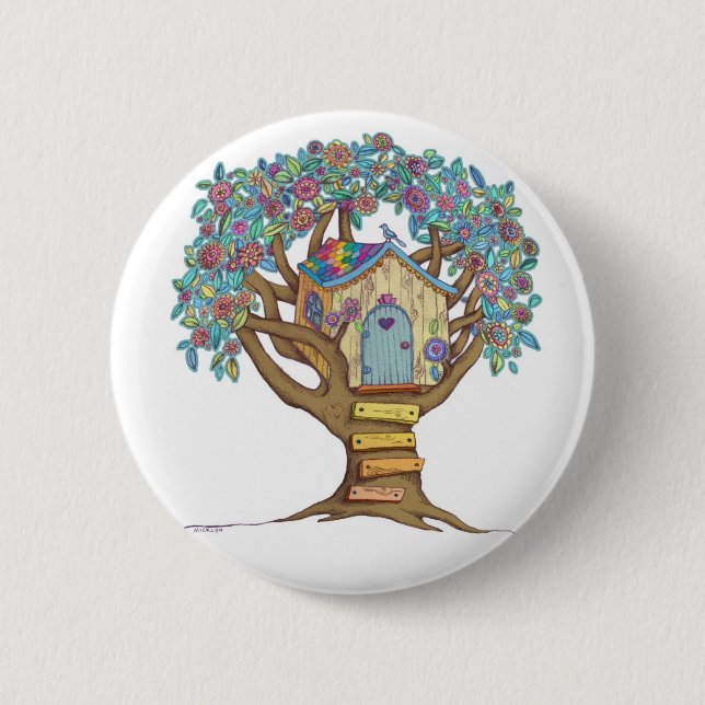 Cute, whimsical illustrated treehouse on a button (Front)