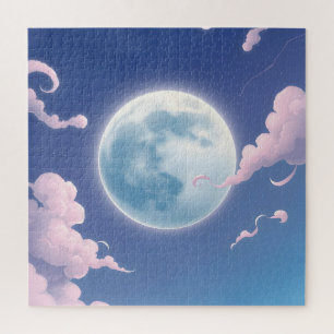 Cute whimsical illustration of moon in night sky jigsaw puzzle