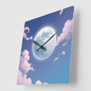 Cute whimsical illustration of moon in night sky square wall clock
