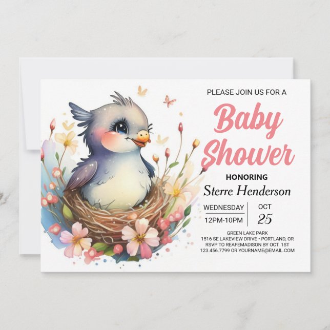 Cute Whimsical Into the Woods Bird Baby Shower Invitation (Front)
