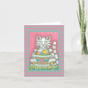 CUTE WHIMSICAL KITTEN & EASTER BASKET, CAT, Verse Holiday Card