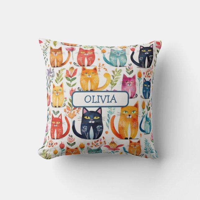 Cute Whimsical Kittens and Flowers Throw Pillow (Front)