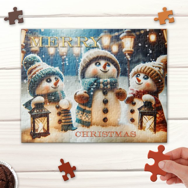 Cute Whimsical Lanterns Snowman Christmas Puzzle (Whimsical Christmas puzzle featuring cute snowmen watching as tiny snowflakes fall from the sky)