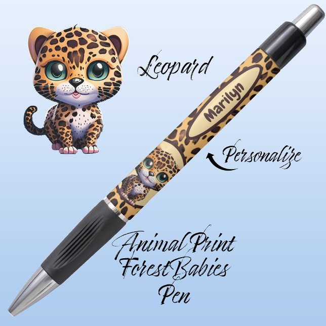 Cute Whimsical Leopard Safari Jungle Animal Print Pen (Personalizable Leopard Kitty Cat, Customizable ForestBabies Feline Kitten Animal Print Pen 🐆)