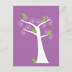 Cute Whimsical Lime Green Birds Swirl Tree Purple Postcard