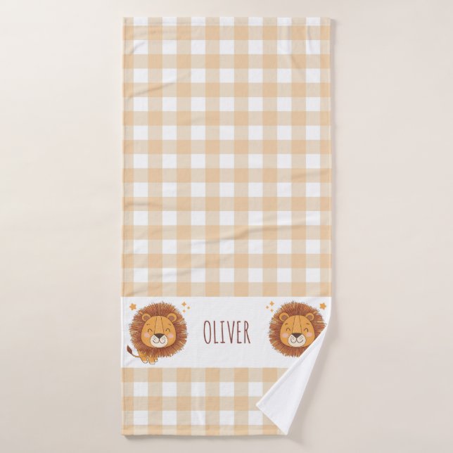 Cute Whimsical Lion Gingham Name Birth Bath Towel (Bath Towel)