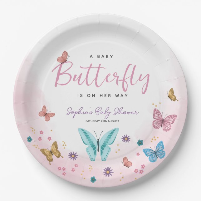 Cute Whimsical Little Butterfly Girls Baby Shower Paper Plate (Front)