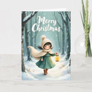 Cute Whimsical Little Girl Lantern Snowy Christmas Card