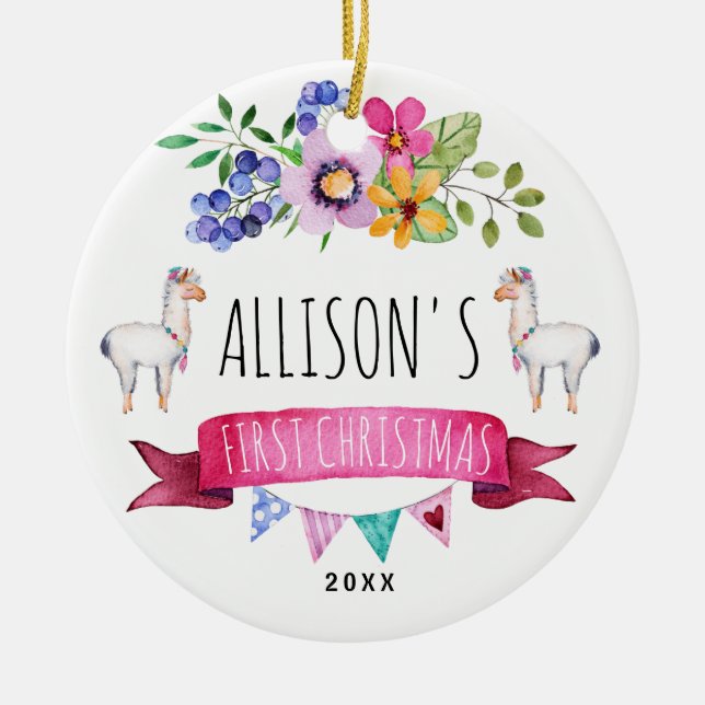 Cute Whimsical Llama First Christmas Ornament (Front)