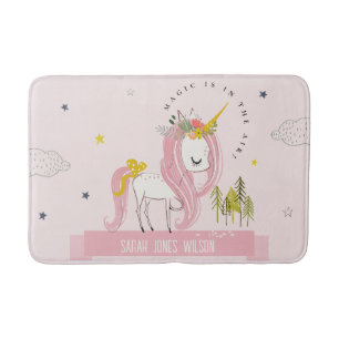 Cute Whimsical Magical Unicorn Pink Princess Kids Bath Mat