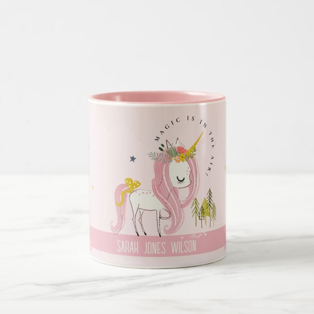 Cute Whimsical Magical Unicorn Pink Princess Kids Two-Tone Coffee Mug (Center)