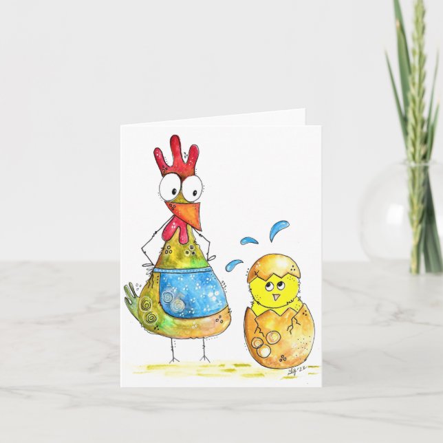 Cute Whimsical Mama Chicken with Baby Card (Front)
