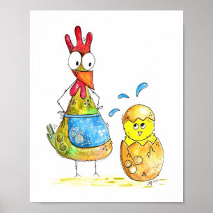 Cute Whimsical Mama Chicken with Baby Poster