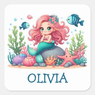Cute Whimsical Mermaid And Fish Personalized Square Sticker