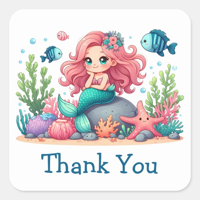 Cute Whimsical Mermaid And Fish Thank You Square Sticker (Front)