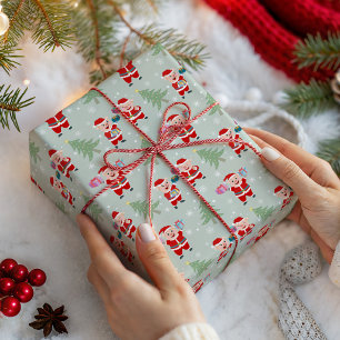 Cute Whimsical Merry Christmas Pigs Pattern Green Wrapping Paper