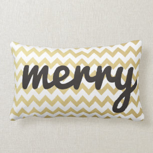 Cute Whimsical Merry Script Gold Chevron Holiday Lumbar Pillow