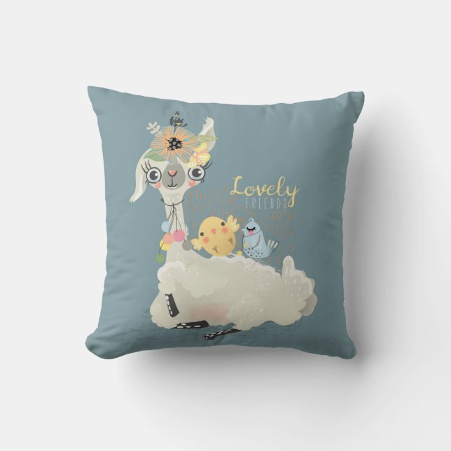Cute Whimsical Modern Floral Llama Friends Throw Pillow (Front)