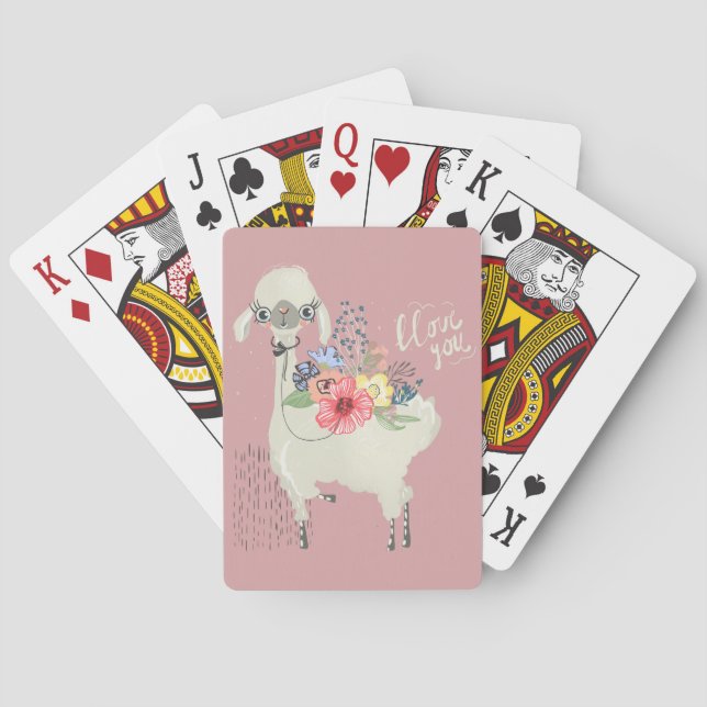 Cute Whimsical Modern Floral Llama I Love You Playing Cards (Back)