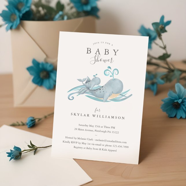 Cute Whimsical Mommy & Baby Whale Baby Shower Invitation (Cute Whimsical Mommy & Baby Whale Baby Shower Invitation)