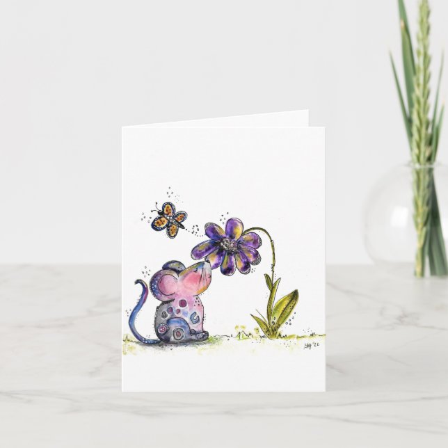 Cute Whimsical Mouse and Flower Card (Front)